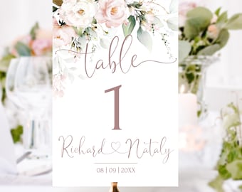 Soft Pink Table Numbers Template, Printable Blus Pink Wedding Table Numbers, Flowers Editable Table Numbers Card, ROSE