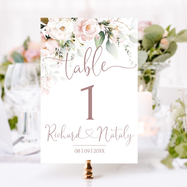 Soft Pink Table Numbers Template, Printable Blus Pink Wedding Table Numbers, Flowers Editable Table Numbers Card, ROSE