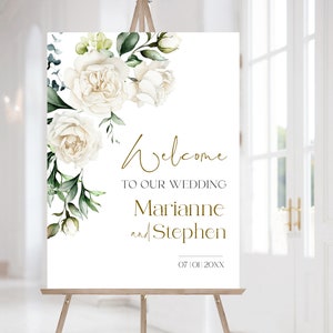 Letrero de bienvenida para boda con flores de marfil, peonía blanca, plantilla editable para tablero de bienvenida de boda con rosas crema, Saint LE280