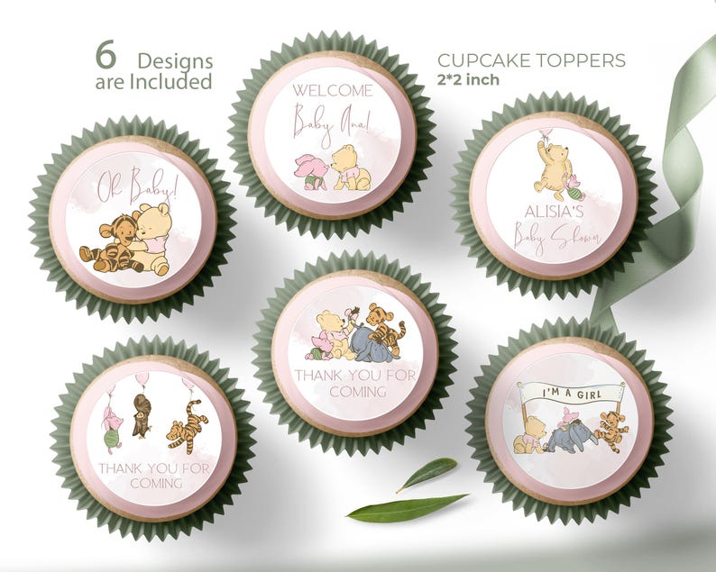 Winnie the Pooh Baby Shower Cupcake Toppers Template, Pink Baby Shower