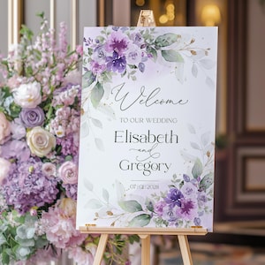 Lilac Wedding Welcome Sign Template, Purple Welcome Board, Editable Wedding Poster Printable, Instant Download, Elegant Wedding Decor