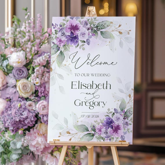 Lilac Wedding Welcome Sign Template: Elegant Purple Decor (Instant Download