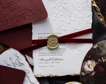 Embossed Wedding Invitations, Deckled Edge Handmade Cotton Paper, Peony Burgundy
