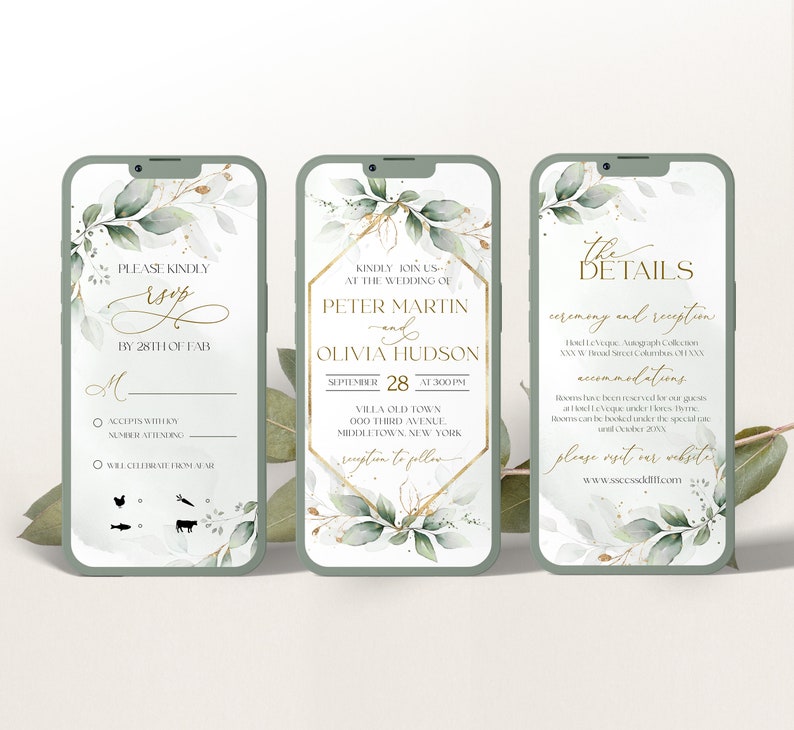 Ensemble d'invitations numériques pour mariage de verdure Faire-part de mariage vert or eucalyptus Invitation électronique de mariage de verdure modèle GRÂCE image 1