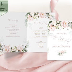 Op de afbeelding: Een programma voor een huwelijksceremonie met een bloemenontwerp. Het programma bevat de volgorde van de ceremonie, de bruiloftspartij en een welkomstboodschap voor Samantha en Matthew.