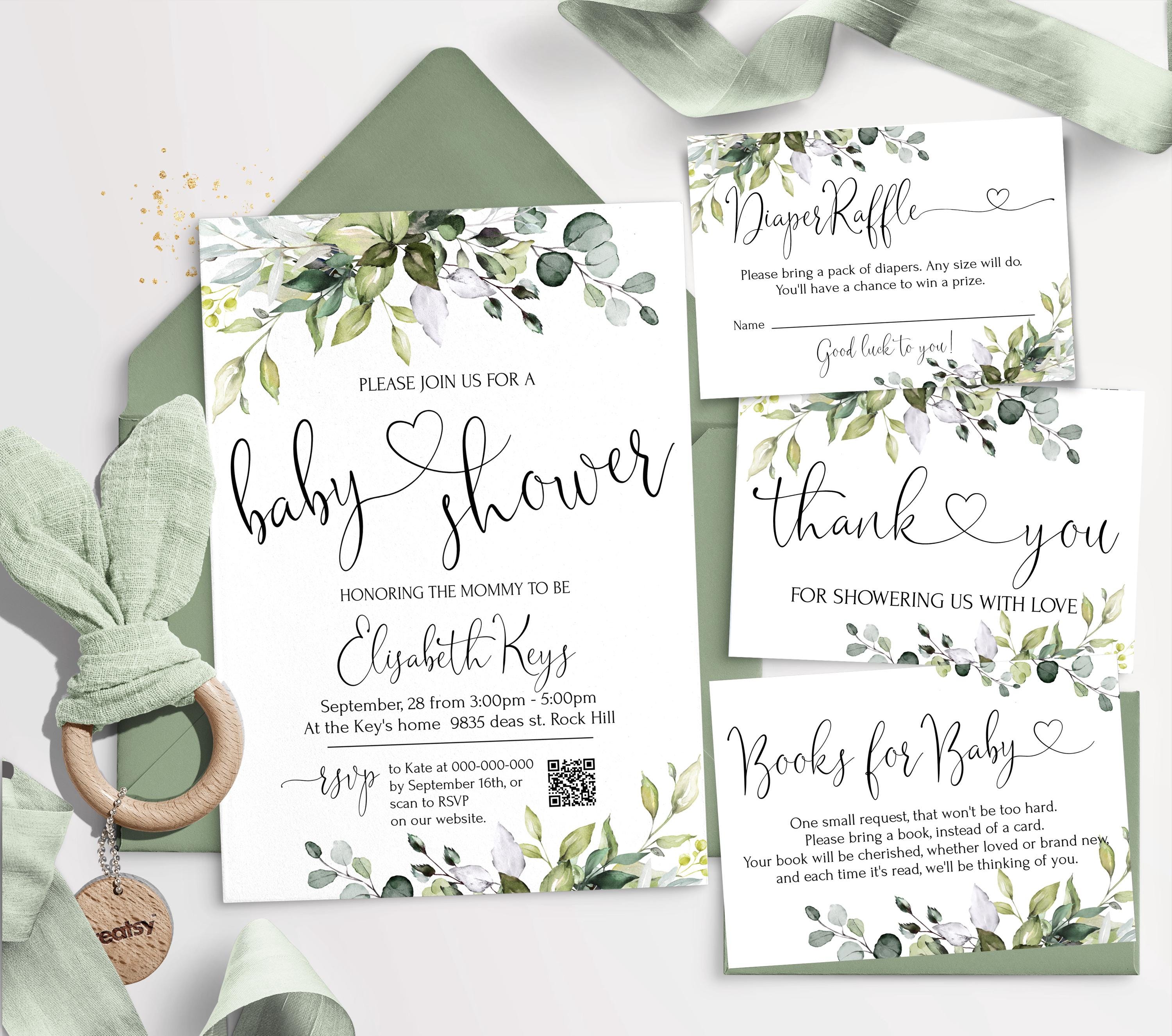 Baby Shower Invitation Bundle Template, Printable Boy & Girl Greenery Shower Invite Set, Editable Eucalyptus Baby Invite HEART | LE170