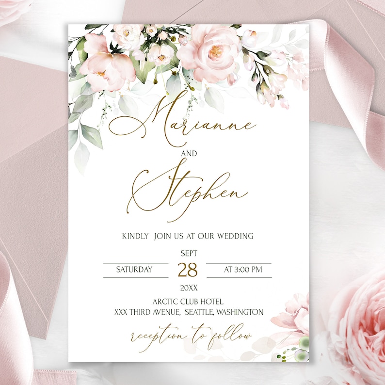 Blush Pink Wedding Invitation Template Soft Pink Flowers Printable
