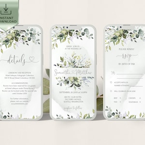 Greenery Wedding Digital Invitation Bundle Template |  Eucalyptus iPhone Digital Invite Suite | Editable Wedding invite Set | HEART LE170