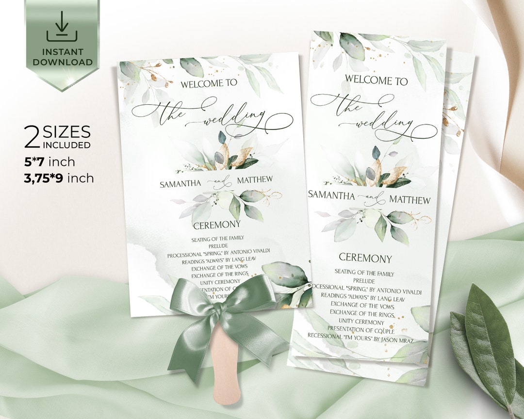 Wedding Program Fan Template | Printable Greenery Gold Wedding Program ...