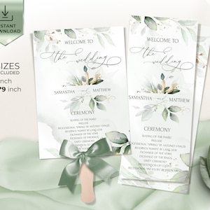 Wedding Program Fan Template | Printable Greenery Gold Wedding Program | Eucalyptus Editable Wedding Programs Ceremony, Fan Program | LE220