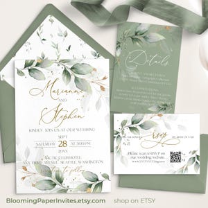 Modello di invito di nozze verde salvia, invito di nozze oro verde RSVP, codice QR RSVP Set di inviti eucalipto verde GRACE / LE220