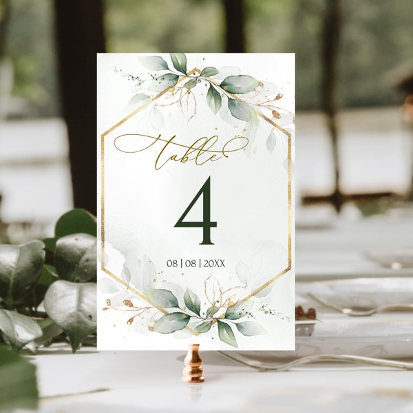 Greenery Table Numbers Template | Geometric Printable Greenery & Gold Wedding Table Numbers | Editable Sage Green Table Numbers DIY | GRACE