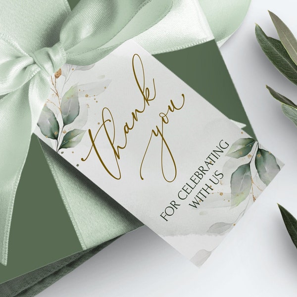 Favors Tag Template Download, Printable Greenery & Gold Wedding Favors Tag, Editable Eucalyptus Thank you Tag | GRACE