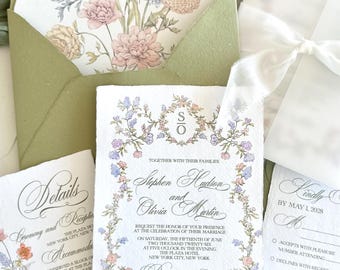 Victorian Wedding Invitation Cotton Handmade Paper, Floral Calligraphy, Deckled Edge