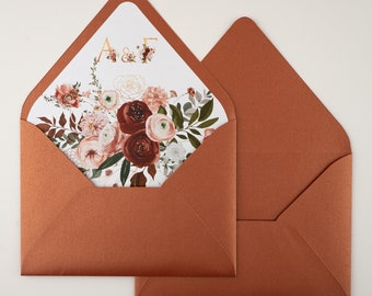 Enveloppe de mariage imprimée terre cuite, enveloppe fleur Marsala Bloom pour invitation, doublure d'enveloppe faite main, doublure florale d'enveloppe de mariage