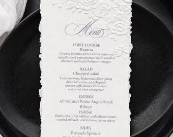 Cotton Wedding Menu Handmade paper Embossing, Calligraphy Embosed Rose, Deckle Edge Stationery