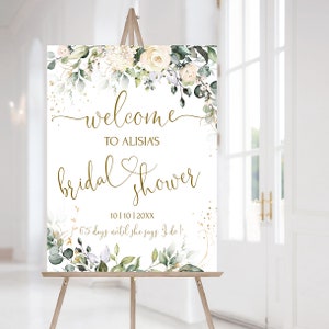 Plantilla de letrero de bienvenida para despedida de soltera, póster de bienvenida para despedida de soltera con flores cremosas para imprimir, letrero de eucalipto editable para descargar MIA / LE150