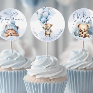 Teddy Bär Baby Shower Cupcake Toppers Vorlage, Blau Baby Shower Cupcake Topper Download druckbare hellblau Baby Tag