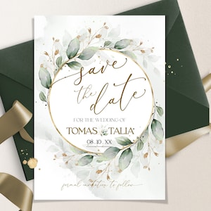 Save the Date Eukalyptus & Gold | Salbei Grün Save the Date | Druckbare Save our Date Karte | Bearbeitbare Vorlage Greenery | GNADE | LE220