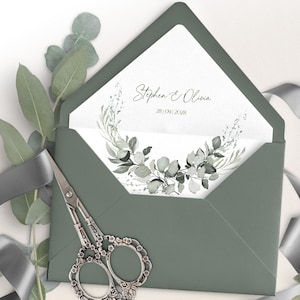 Sage Grün Umschlag Liner Vorlage, druckbare Greenery Eukalyptus Liner Umschlag, Elegante Hochzeit Briefpapier, Hochzeit Liner
