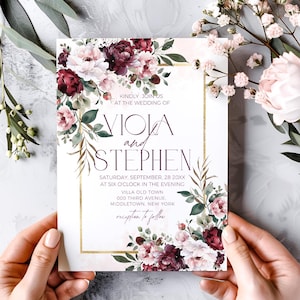 Burgundy Floral Wedding Invitation Template: Marsala, Pink & Gold (Editable)