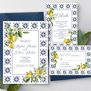 Italian Tiles Wedding Invitation Suite Template Blue Mediterranean Lemon Tuscan Theme Diy Invites Details Rsvp