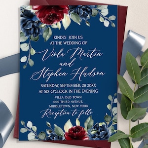 Navy Blue Burgundy Wedding Invitation Template | Royal Blue Wine Flowers Wedding Invite | Instant Download | Modern Wedding Invitation