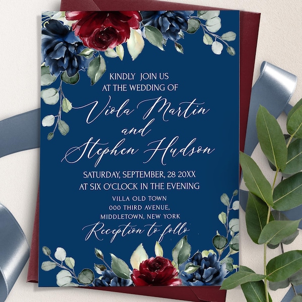 Navy and Burgundy Wedding Invitation - Etsy