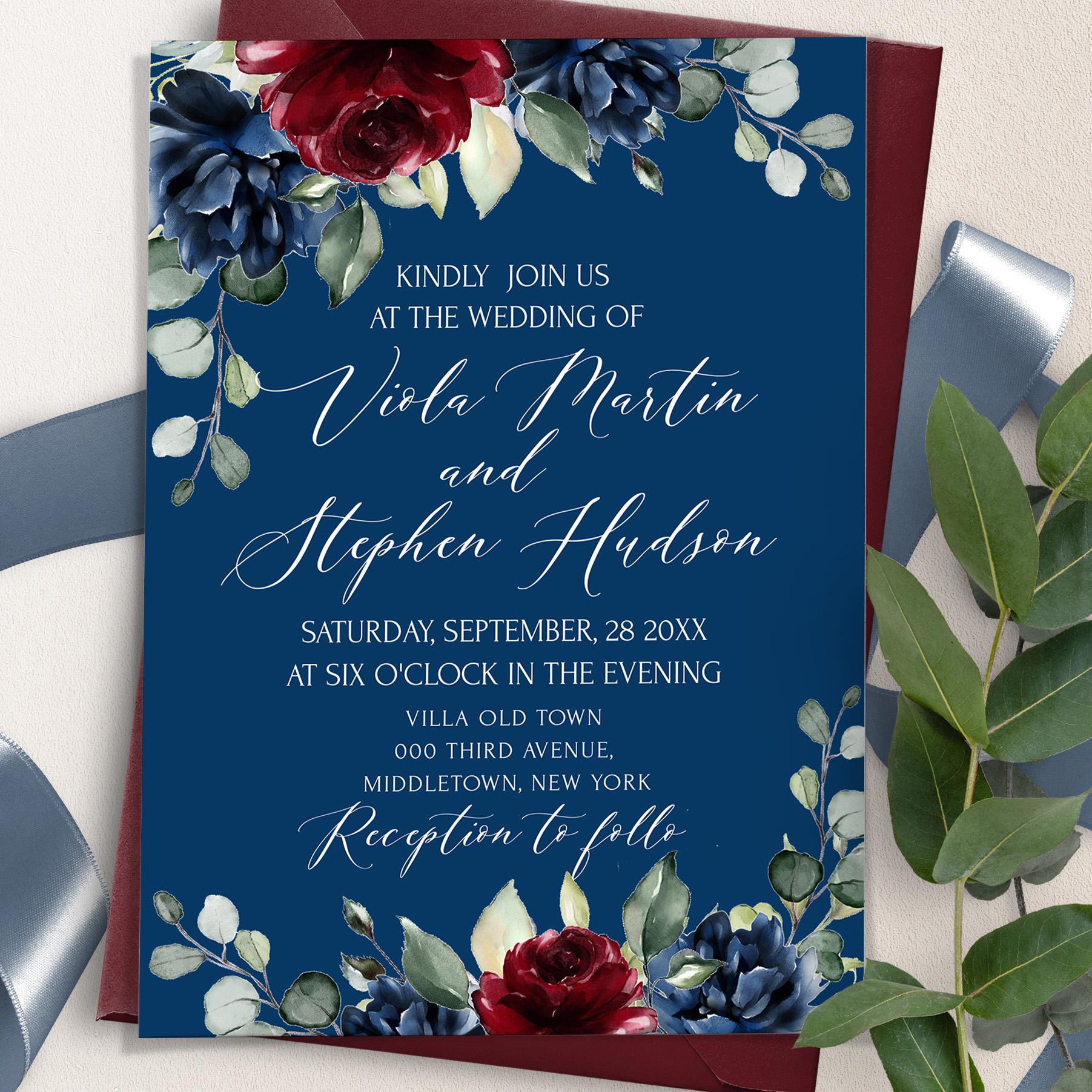 Plantilla de invitación de boda floral azul marino burdeos (descarga  instantánea) - Etsy México, image size:1803x1803