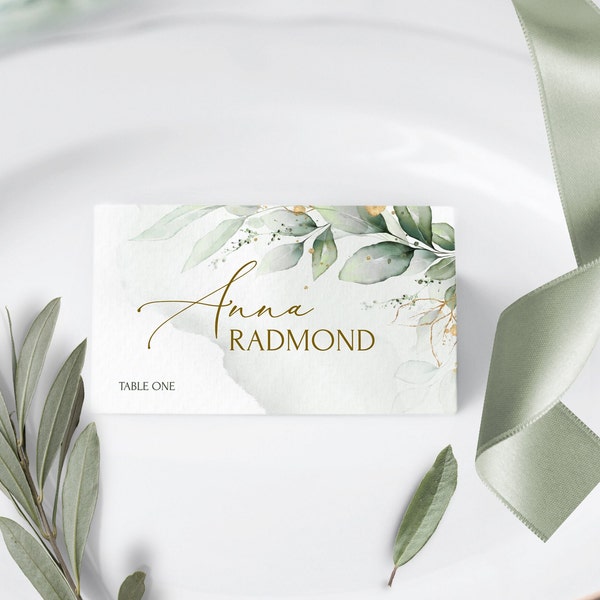 Sage green Wedding Place card Template | Printable Eucalyptus Name card | AVERY Card Greenery Printable Seat Cards | Folded Table card GRACE