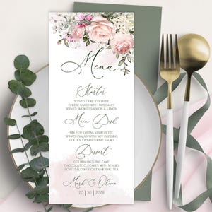 Tea Rose Menü Vorlage | Rosa Rose Menükarte Hochzeit | Garten Rose Hochzeitsmenü | Florales Abendmenü DIY | LE200 TEAROSE
