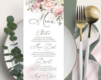 Tea Rose Wedding Menu Template: Blush Pink Floral (Digital Download)