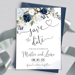 KONINKLIJKE BLAUWE Save the Date-sjabloon afdrukbare blauwe marine witte bloemen Save the Date-kaart bewerkbare digitale opslagdatum sjabloon Diy OTTO LE300