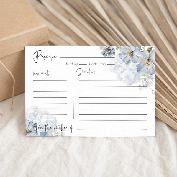 Plantilla de tarjeta de recetas con flores en azul polvoriento: Tarjeta editable para despedida de soltera