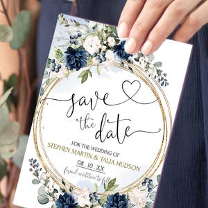 Navy Blau Save the Date Vorlage | Druckbare Royal Blue Save the Date Karte | Floral Bearbeitbar Speichern Sie unsere Datumskarte