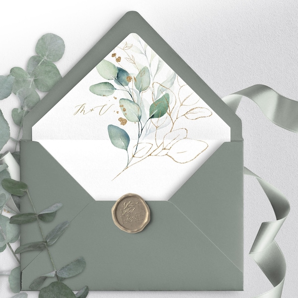 Sage green Envelope Liner Template | Greenery Eucalyptus Printable Envelope Liners | Gold Eucalyptus & Green Leaf Design | VESNA