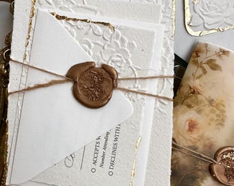 Ivory embossed Wedding Invitations Deckled Golden Edge, Cotton Handmade Paper, Calligraphy Wax Seal Roses