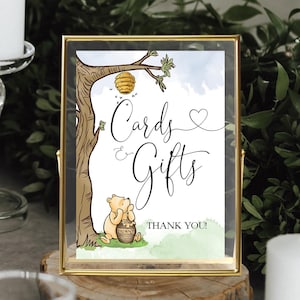 Cartes et cadeaux signe de baby shower, signe imprimable de cartes de Winnie l'ourson et de cadeaux, signe de faveurs de baby shower