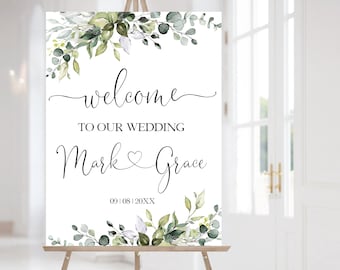 Plantilla de signo de bienvenida de boda de eucalipto / Cartel de bienvenida de boda imprimible Editable Greenery Custome Tablero de bienvenida Signo personalizado CORAZÓN