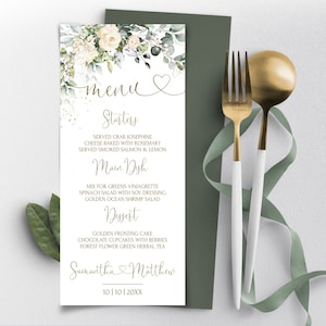 Plantilla de menú de boda en color marfil / Tarjeta de menú imprimible con flores color crema / Menú de boda moderno y editable / MIA / LE150