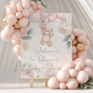 Pink Teddy Bear Baby Shower Welcome Sign Template | We can Bearly Wait Baby Shower Poster | Ballon Baby Shower Decorations | BP200