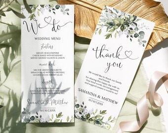 May include: Wedding menu and thank you cards with a green and white floral design. The menu lists starters, main dish, and dessert. The thank you card says "Thank you" and includes a message of gratitude to family and friends. The cards are printed with the names Samantha and Matthew and the date 10|10|20XX.