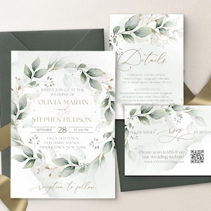 Plantilla de invitación de boda RSVP con respuesta de código QR y eucalipto GRACE/LE220