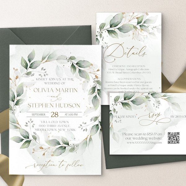 Printable Wedding Invitation with Rsvp Template | Greenery Theme with Quick QR Code Response | Greenery Eucalyptus Invitation set | GRACE