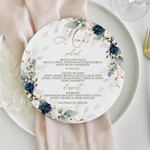 Okrągłe menu Granatowy niebieski szablon do wydrukowania Nowoczesne okrągłe menu Menu kolacji Złoty eukaliptus Bridal Shower Karta menu weselnego Grace