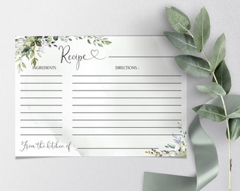 Eucalyptus Bridal Shower Recipe Card Template (Digital Download) Heart LE170