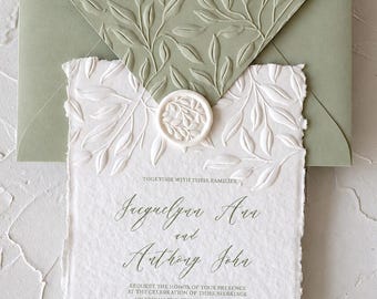 Embossed Wedding Invitations, Deckled Edge Handmade Cotton Paper, Eucalyptus Sage green