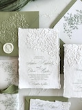 Embossed Wedding Invitations, Deckled Edge Handmade Cotton Paper, Roses Sage green