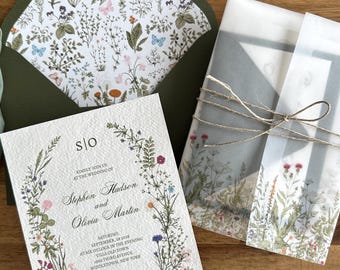 Wildflowers Wedding Invitation Set 100 % cotton Handmade Paper envelope with liner