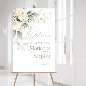 Letrero de bienvenida para boda en color crema / Cartel de bienvenida para boda imprimible en color marfil / Tablero de bienvenida con flores / Letrero de bienvenida para boda en color rosa cremoso / MIA / LE150